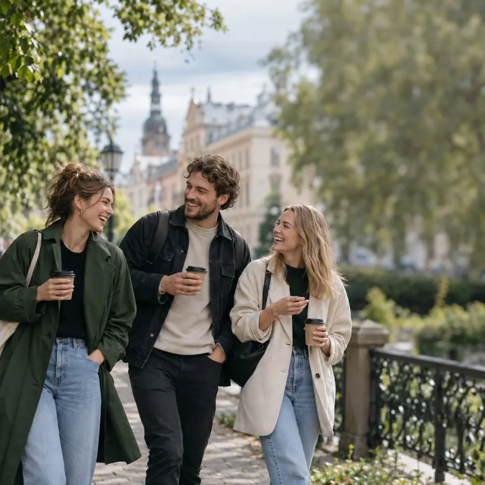 Friends walking with coffee in Riga