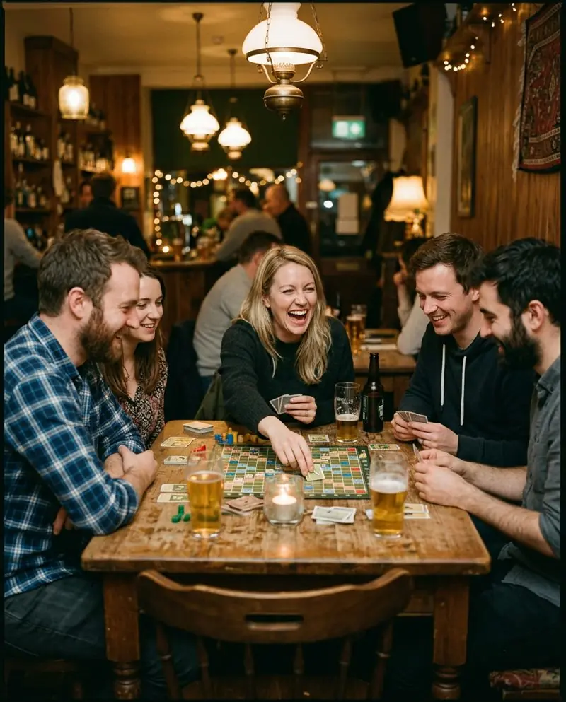 A group playing a board game in a cosy bar