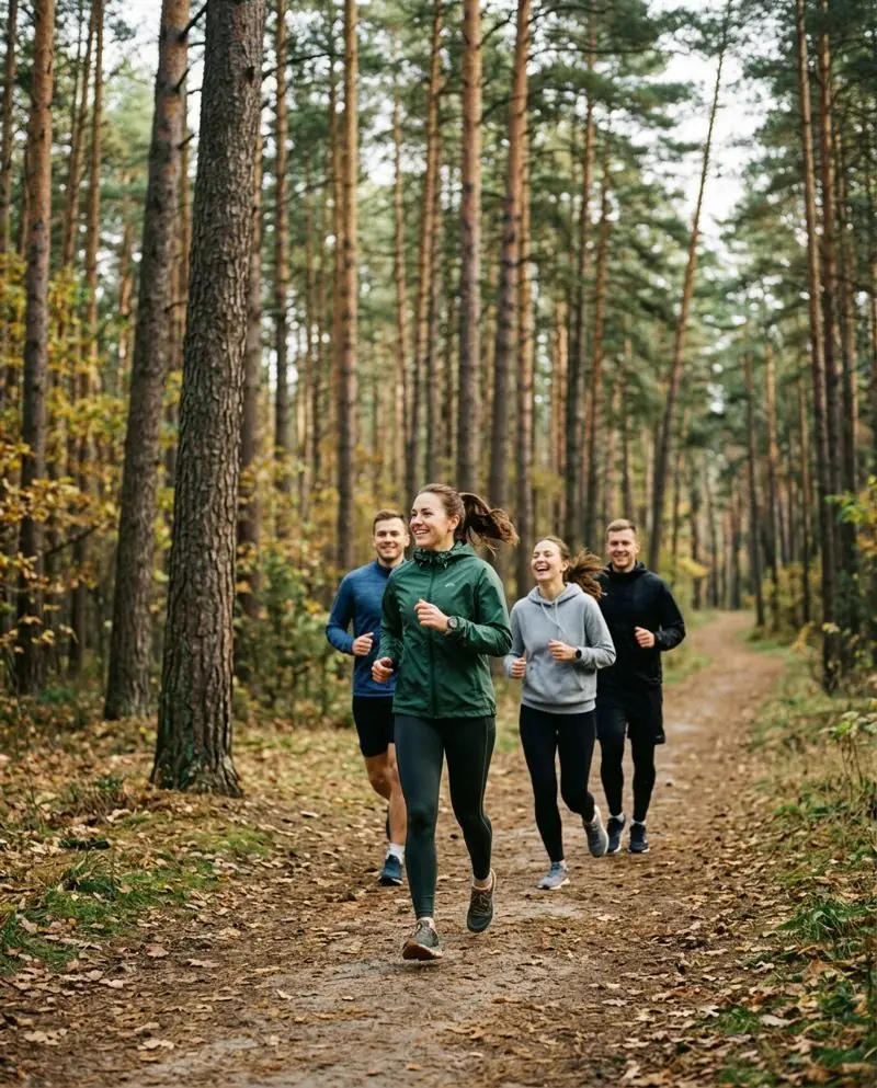 A small group running together on a forest path