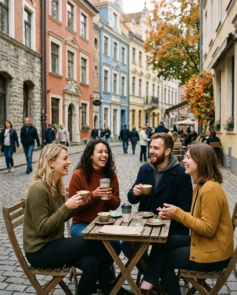 Friends talking at a café table in Riga Old Town